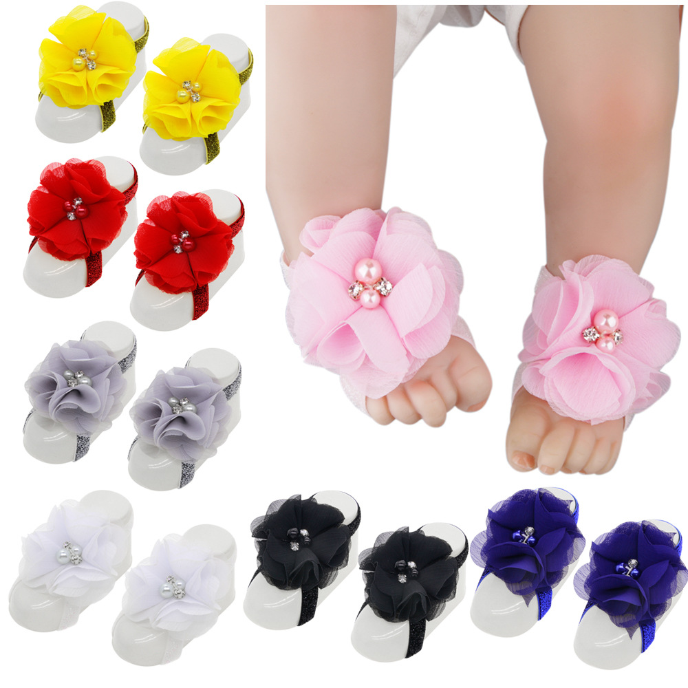 

15432 Baby Sandals Chiffon Flower Shoes Cover Barefoot Foot Ties Infant Girl Kids First Walker Shoes Photography Props, As the picture