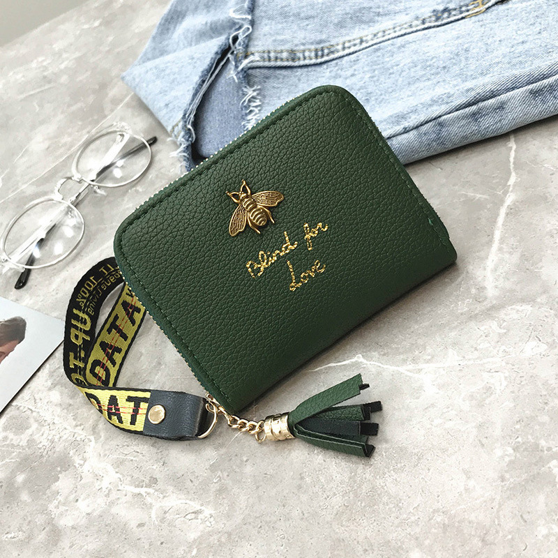 

Small Honey Bee Wallet Green Wallet Tassel Accessories Billfold Short Zipper Coin Purse Women Portable Purse Money 2020, Red;black