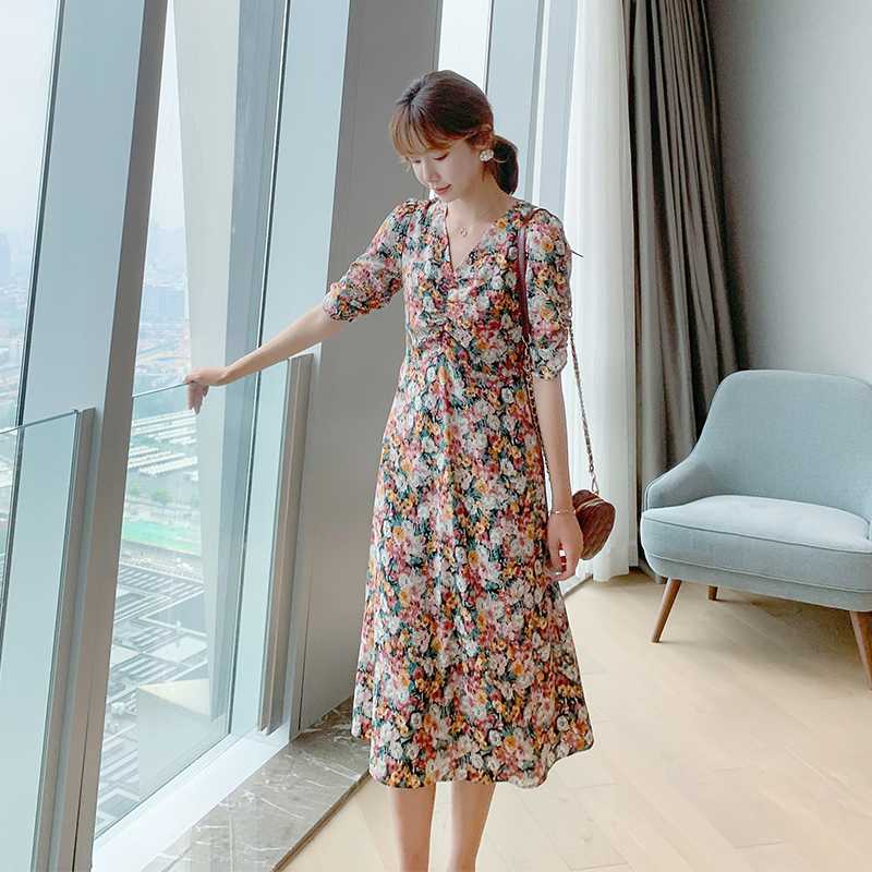 

Vintage V-neck Boho Women Dress Female Summer Sexy Short Sleeve High Waist A-line Chiffon Print Floral Elegant Dresses Vestidos, Color 1