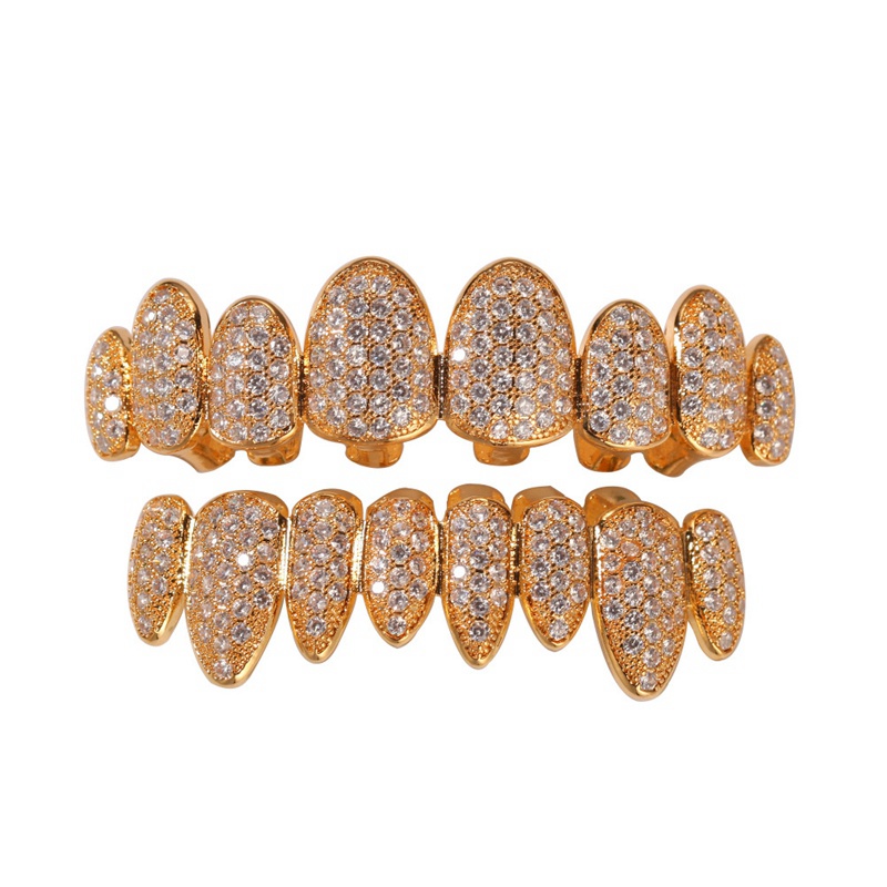 

Iced Out 14K Gold Grills Crystal Teeth Top Bottom Diamond Grillz Hip Hop Bling Cubic Zircon Rapper Body Jewelry