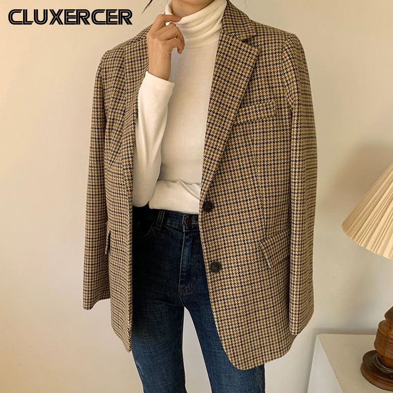 

Korean Women Elegant Plaid Blazer Long Sleeve Single Breasted Slim Coat Office Work Lattice Suit Jacket Outerwear, Beige