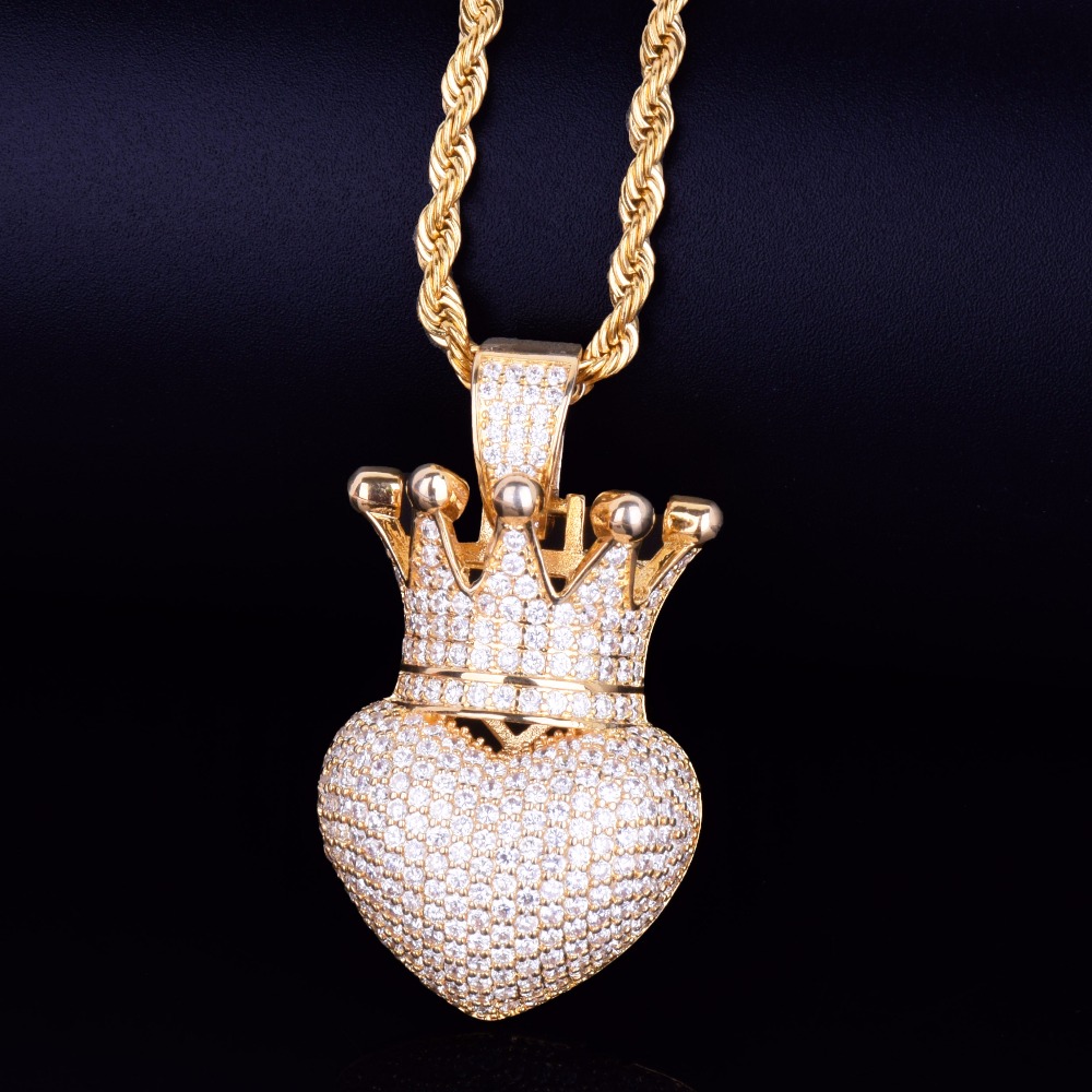 

Gold Star Hip Hop Jeweley Crown Heart Pendant With Chain Gold Silver Ice Out Cubic Zircon For Men Women Rock Street Necklace