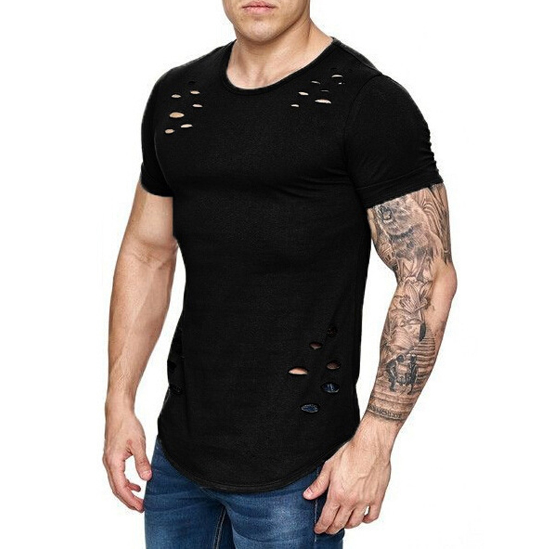 Mens Tshirt Spring Short T Shirt Men Fashion Hole Fitness T-shirt Summer Short Sleeve Solid Slim Fit Hip Hop Tshirt