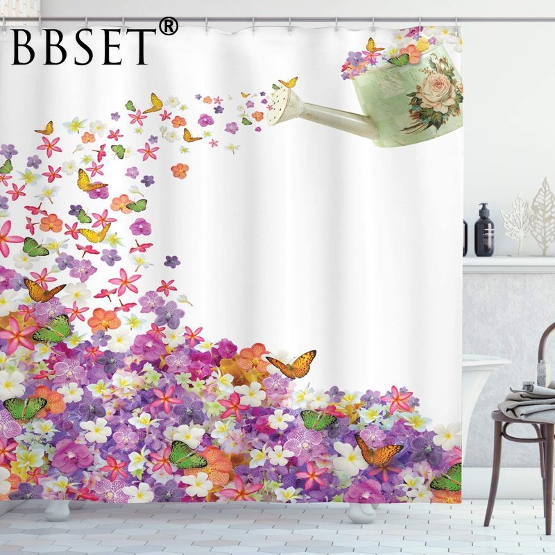 

Floral Shower Curtain Various Flowers Pouring Out From Watering Can Pattern Waterproof Multi-size Cortina De Bano Bathroom Decor
