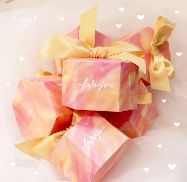 

100Pcs Watercolor pink "Love you" Hexagonal Style Wedding Favors Candy Boxes Bomboniera Party Supplies Chocolate Gift Box