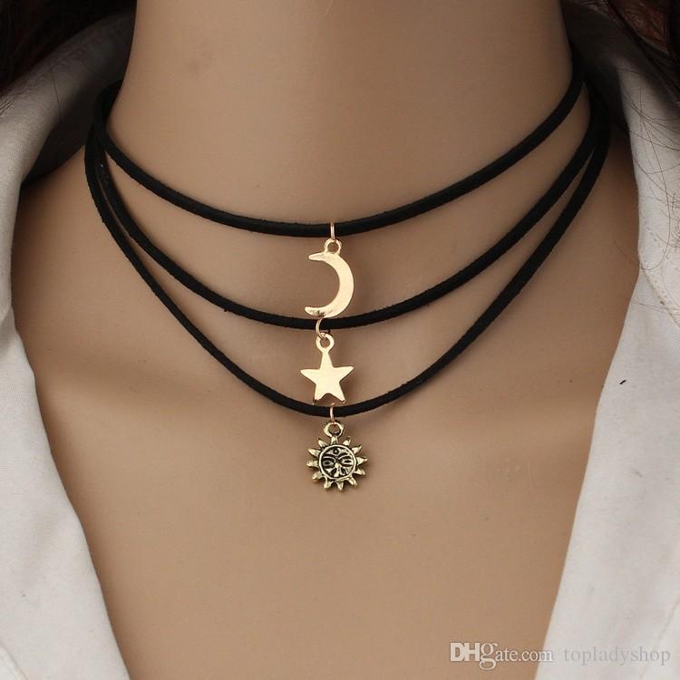 

Europe and the United States wild multi - layer velvet necklace three - piece set of star moon sun short paragraph sweater necklace wholesa, Silver