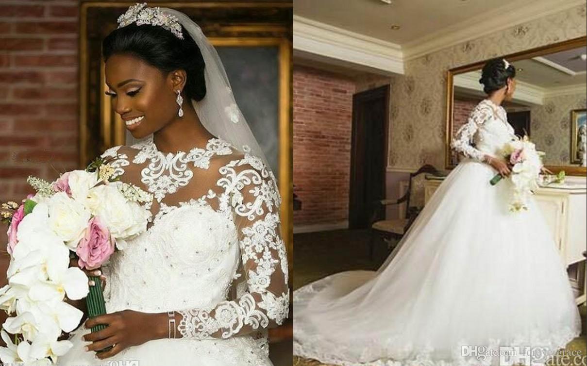 

2019 Vintage Arabic Dubai Princess Wedding Dress Jewel Neck Long Sleeve Appliques Lace Church Formal Bride Bridal Gown Plus Size Custom Mad, Black