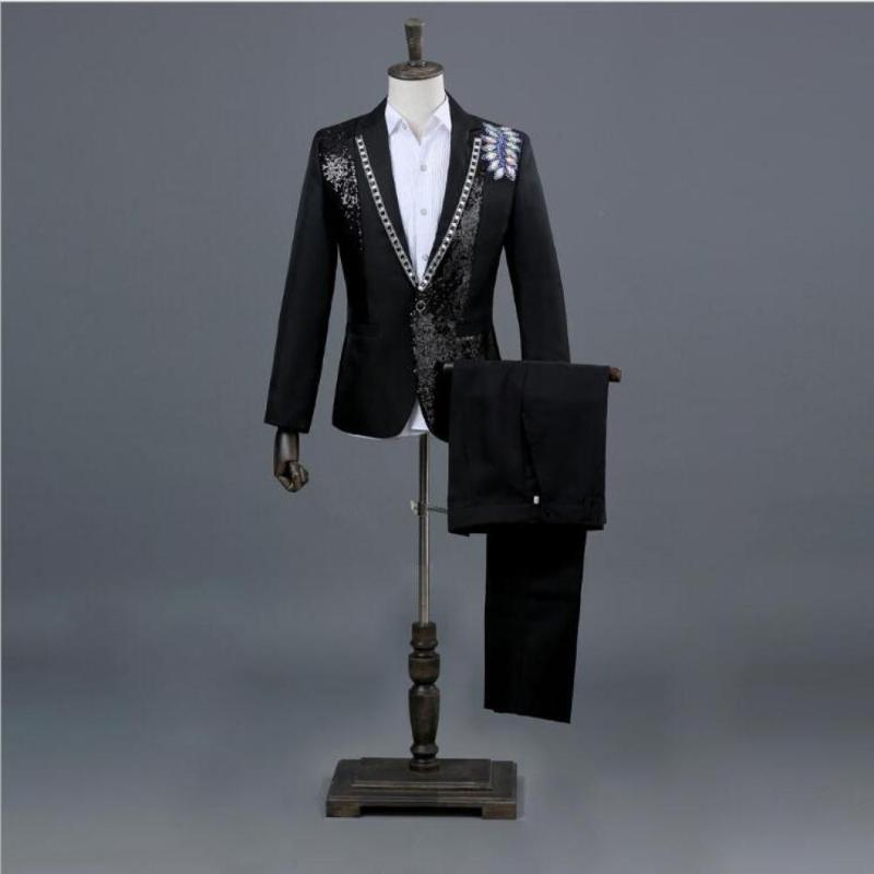 

Retro Rhinestone Stitching Sequin Men Nightclub Singer Stage Show Clothing Two-piece Blazer Trousers Suit, Black