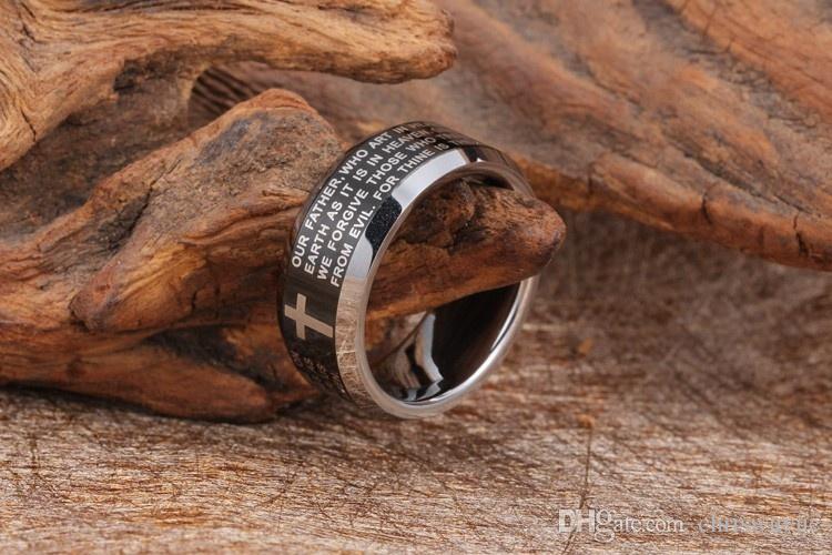 

High Quality 8MM Wide Black Tungsten Carbide Ring Men Fashion Cool Cross Bible Mens Rings Of US Size Wedding Jewelry NRR01