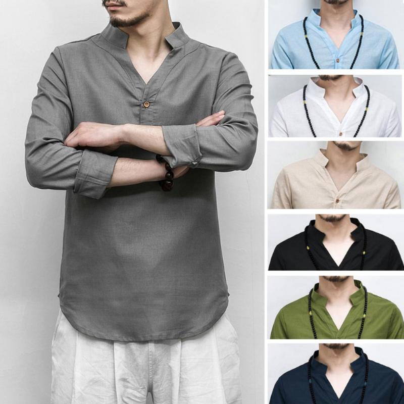 

Hot -5XL Vintage Men Solid Color Long Sleeve V Neck Linen Cotton Button Pullover Shirt fashion men shirt, Beige