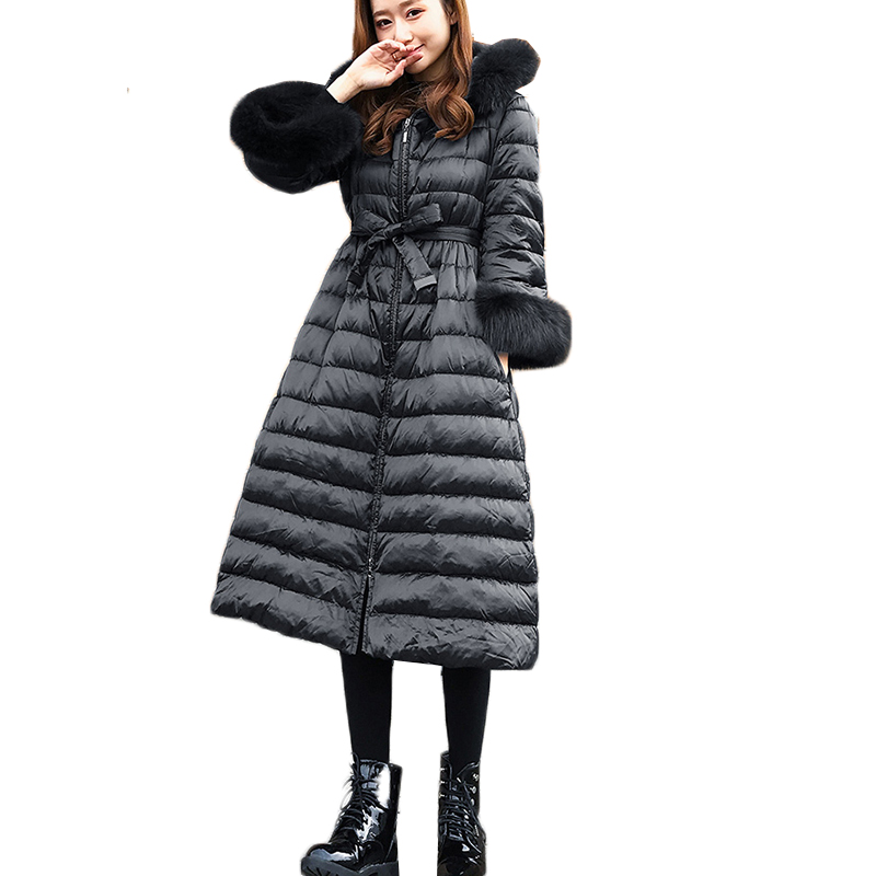 

Winter Duck Down Jacket Women Big Fur Collar Black Down Coats Women Parkas Thick Long Coat Casacas Para Mujer real picture 100%