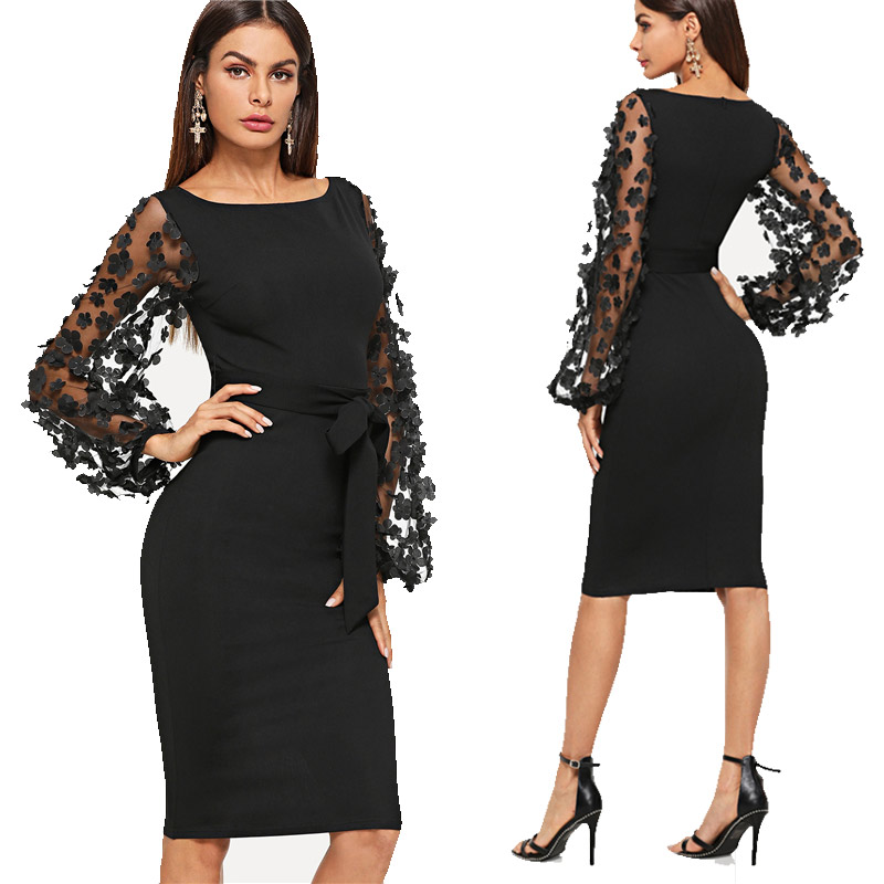 

Black Party Elegant Flower Applique Contrast Mesh Sleeve Form Fitting Belted Solid Dress Autumn Women Streetwear Dresses