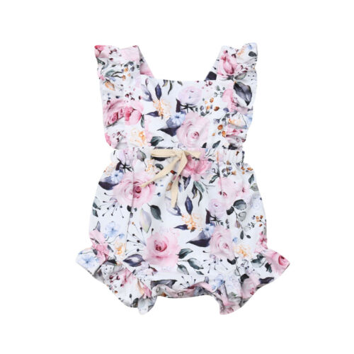 2019 nouveau-né bébés filles fleur dos nu lacets col carré barboteuse tenues d'été mode vêtements 0-24 M