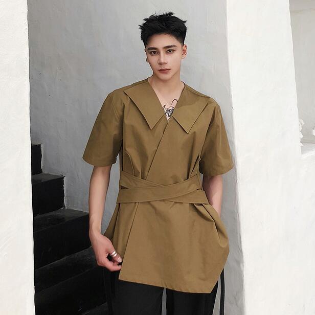 

High quality Summer new medium long coffee three quarter sleeve fashion shirt Korean trend personality V-neck casual shirts