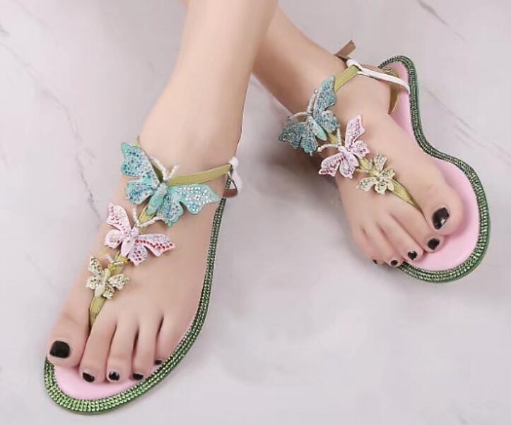 

Orignal Box] New RC Womens Flat Heels Slingbacks Diamond Butterfly Summer Breathe Buckle Strap Shoes 35-41, Black
