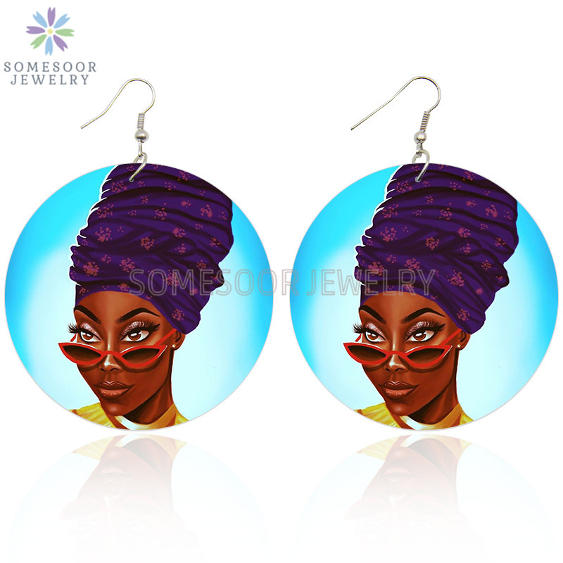 

Dangle & Chandelier SOMESOOR Black Fashion Fabric Headwrap Woman Wooden Drop Earrings Glasses Lady Both Sides Printed Design Jewelry For Wom