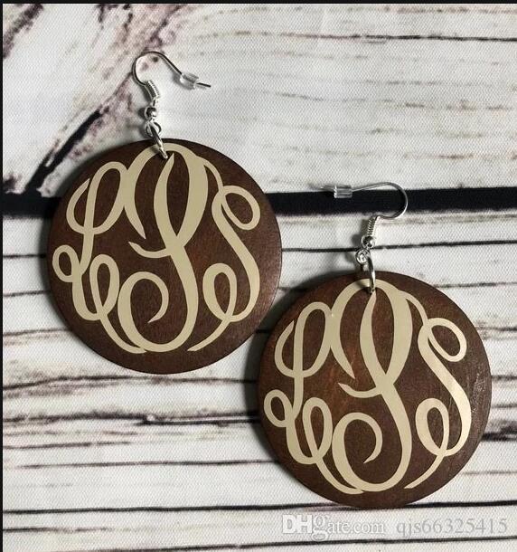 

Wooden Monogrammed Earrings Wood Dangle Disc Earrings