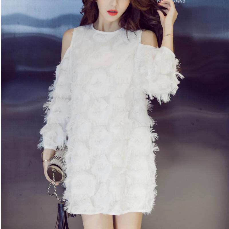 

EWQ] 2020 Summer New Sweet Three Quarter Sleeve Off Shoulder Dress Women Elegant Korea Loose White Sexy Tassel Dresses QX169