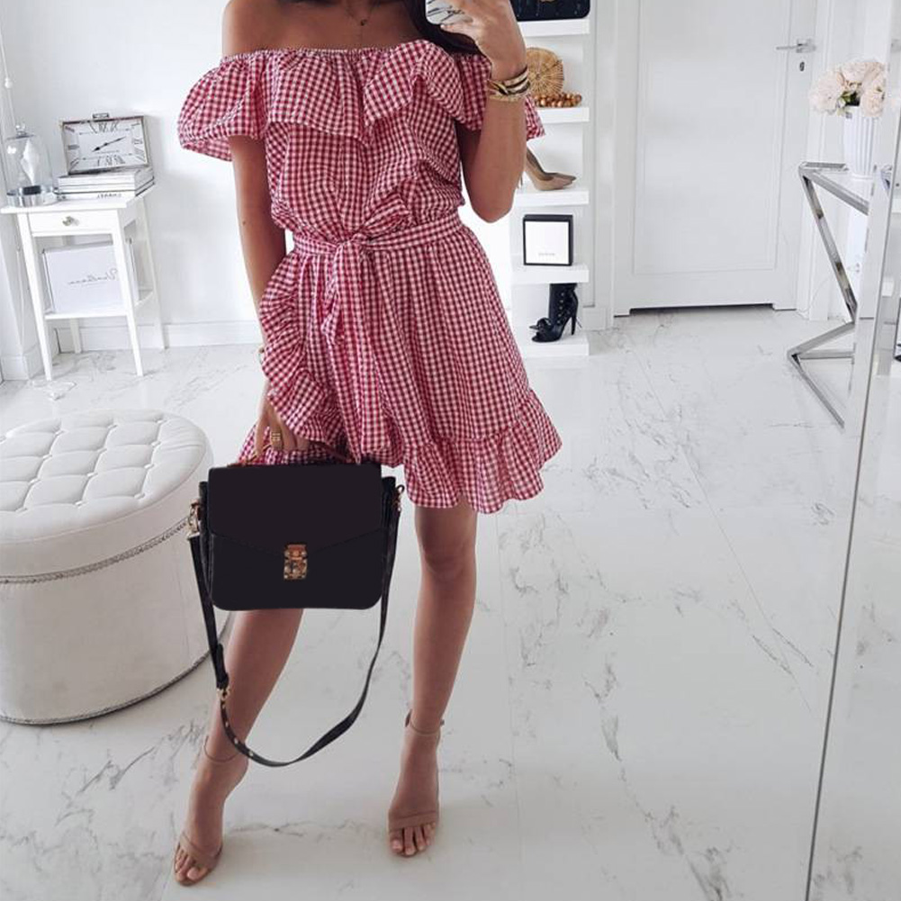 

Women Belted Ruffles Dress Fashion Off Shoulder Summer Printed Plaid With Ruffled Irregular Women' Dress Short Sleeve New Hot, Red