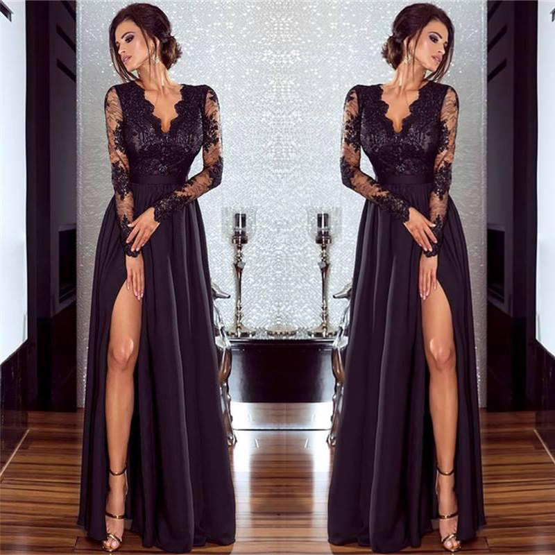 

Elegant Muslim Evening Dresses 2019 A-line V-neck Long Sleeves Lace side Slit Islamic Dubai Saudi Arabic Long Evening Gown Prom Dress, Chocolate