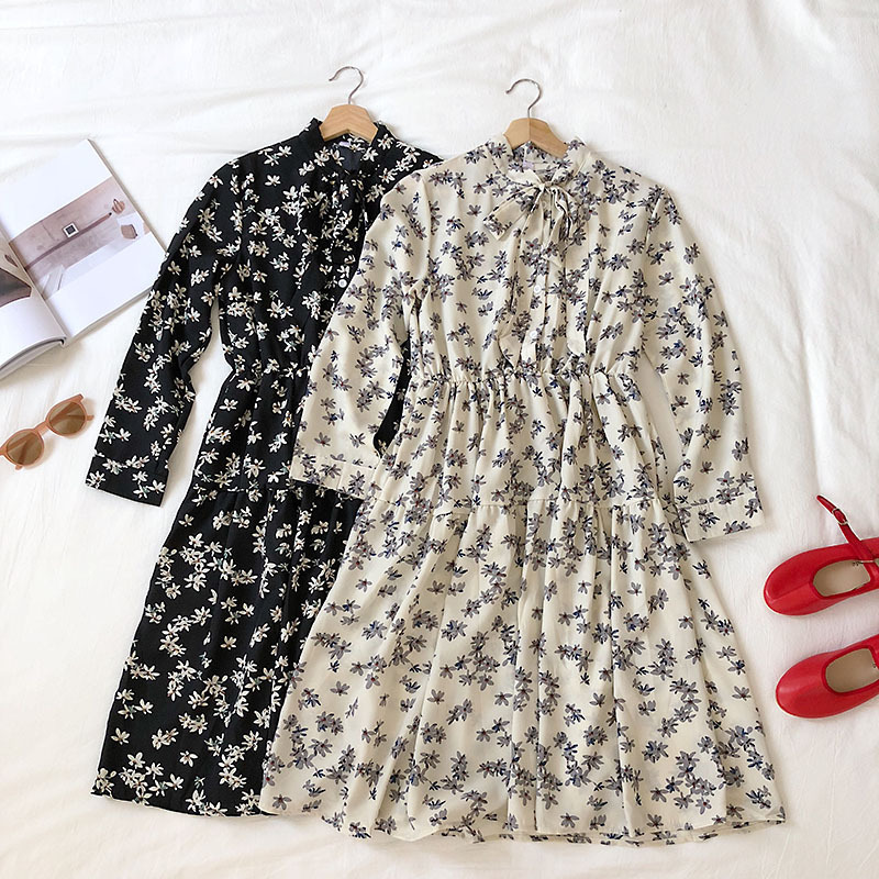 

Autumn Bow Bandage Waist Long Long Sleeve Dress, Black