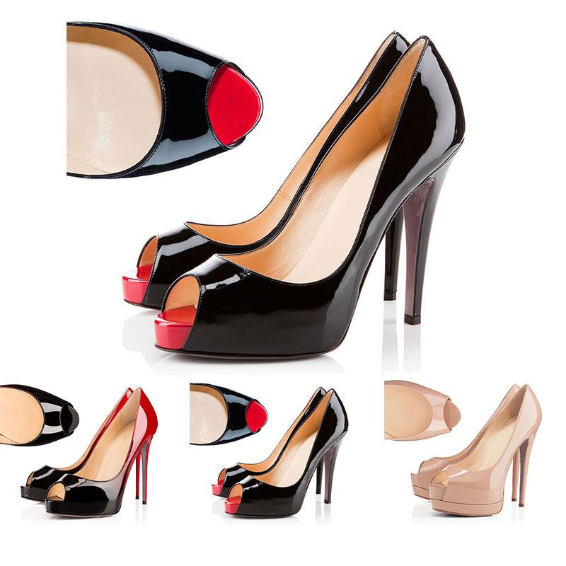 

Classic Brand Red Bottom High Heels Platform Shoe Pumps Nude/Black Patent Leather Peep-toe Women Dress Wedding Sandals Shoes size 34-42
