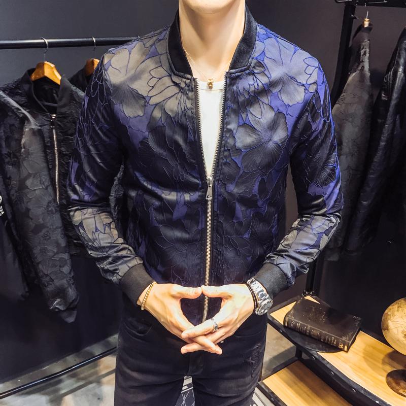 

Royal Floral Jacket Patterns Blue Black Patty Baroque Bomber Jackets Jacquard Club Outfit Men Slim Fit 4XL
