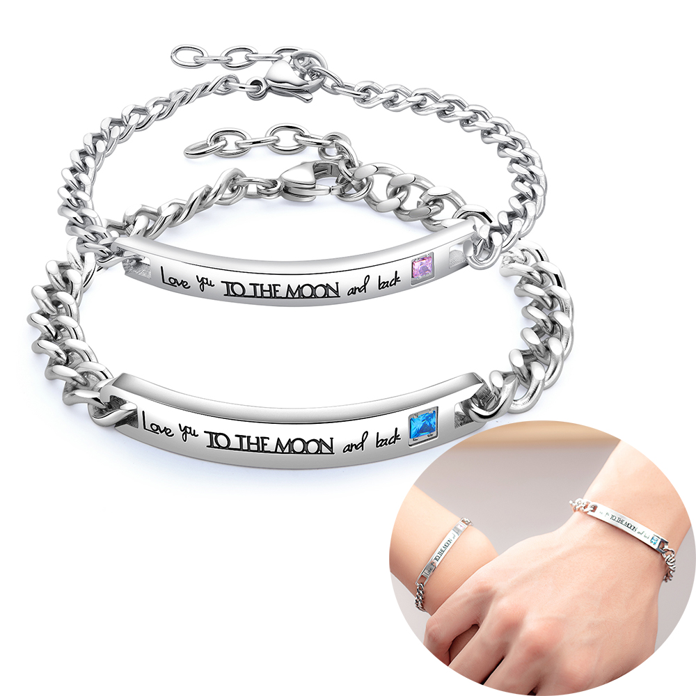 Stainless Steel Couples Bracelets "I Love You To The Moon And Back" Rhinestone Chain Cuff Bangle Charm Bracelet Jewelry Lovers Gifts-image-492977363