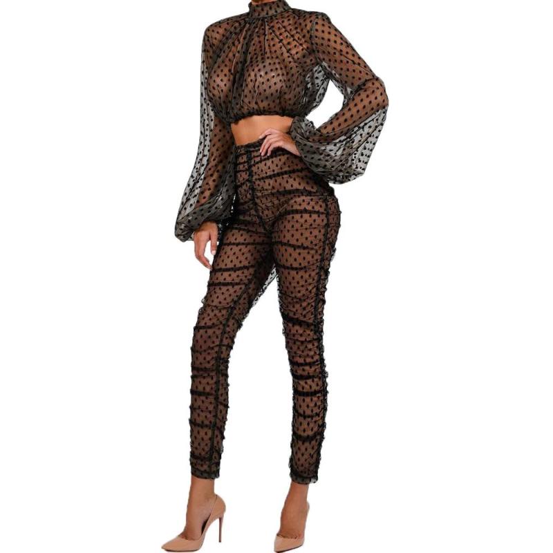 

2019 Women Sexy Lace Dot Printed Long Puff Sleeve High Neck See Through Mesh Crop Top + Long Pants Two Pieces Club Sets Party