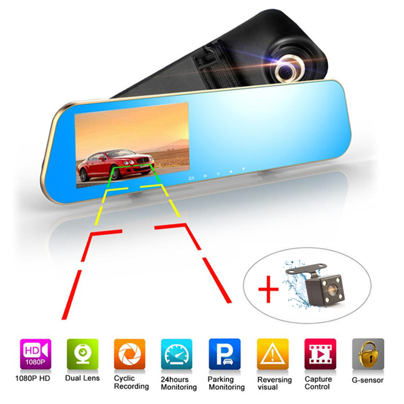

4.3" 1080P full HD 2Ch car DVR mirror vehicle registrator camera car video recorder backup rearview camcorder G-sensor parking monitor