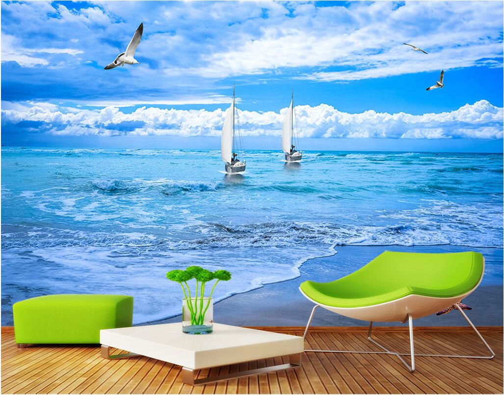 

WDBH custom photo 3d wallpaper Beach sailing seagull seascape background living Room home decor 3d wall mural wallpaper for walls 3 d, Non-woven