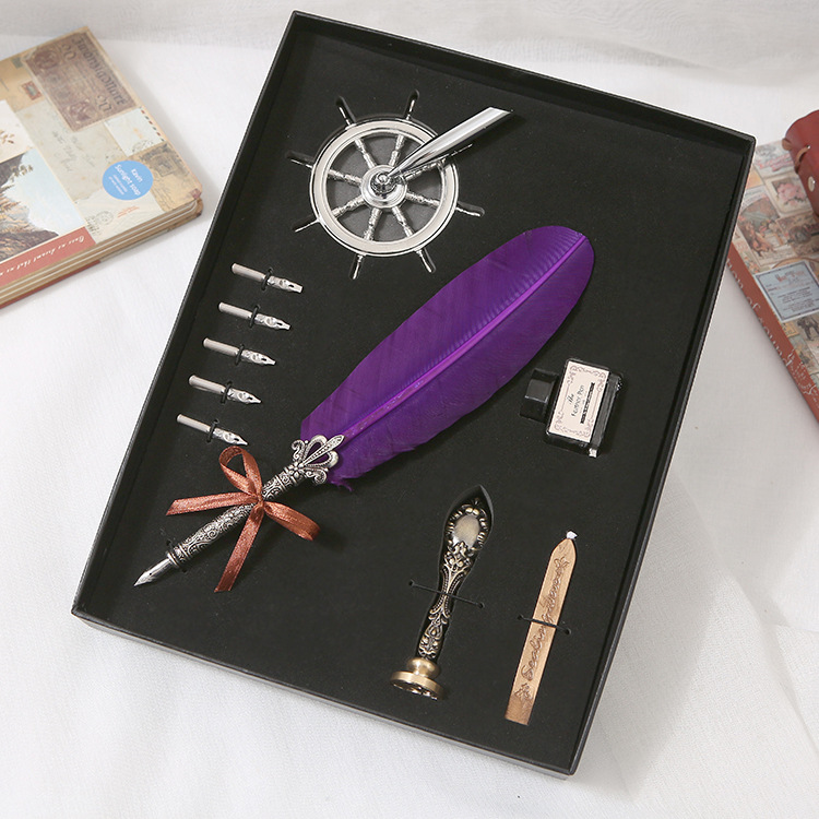 

1Set English Calligraphy Feather Dip Pen Writing Ink Set Stationery Gift Box with 5 Nib Fountain Pen Ink Business Gift, Red