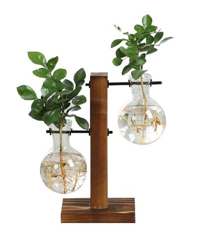 

Terrarium Hydroponic Plant Vases Vintage Flower Pot Transparent Vase Wooden Frame Glass Tabletop Plants Home Bonsai Decor