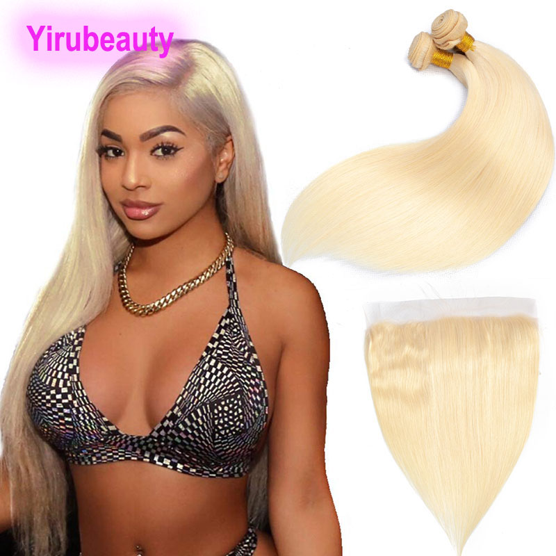 

Indian Raw Virgin Hair 2 Bundles With 13X4 Lace Frontal Pre Plucked Straight 613 Color Blonde Human Hair Bundles With 13 By 4 Frontal, Blonde 613#