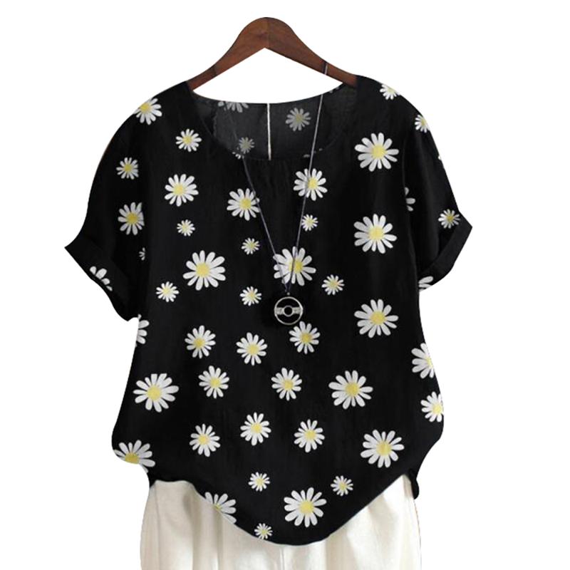 

Women T-Shirt Summer Top Clothing Simple Loose Round Neck Daisy Flower Printed Short-Sleeved T-Shirt Black Plus Size Casual