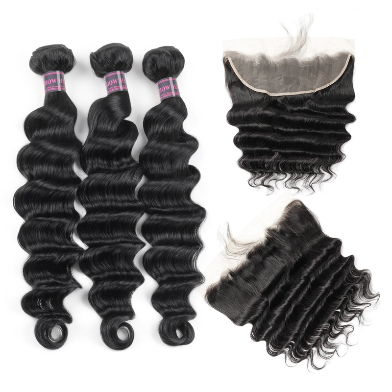 

Brazilian Hair Loose Deep Human Hair Bundles with Closure Kinky Curly Straight 3/4 Bundles with Lace Frontal Peruvian Body Wave Loose Wave