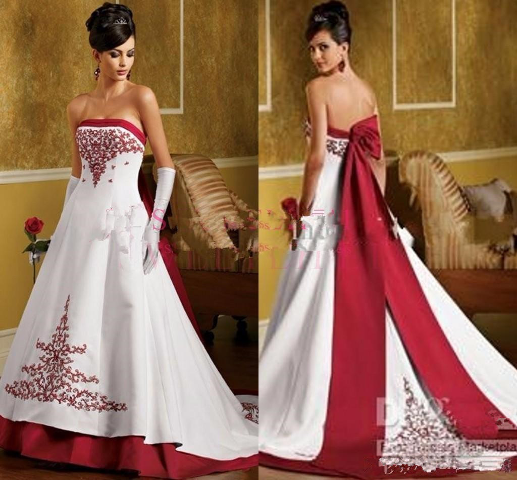 

Vintage Red and White Wedding Dresses 2020 Strapless Lace Embroidery Beaded Gothic Sweep Train lace-up Bride Wedding Gown with Bow, Red & white