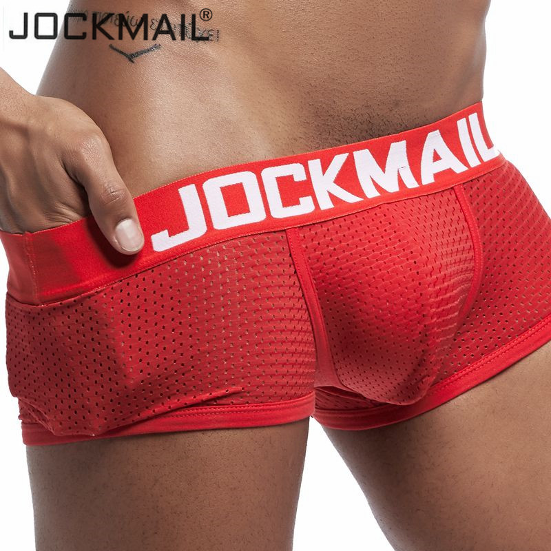 

JOCKMAIL New Sexy Men Underwear Boxer Breathable Mesh boxershorts men Male Underpants cueca Gay penis pouch Panties Mens Trunks, Red