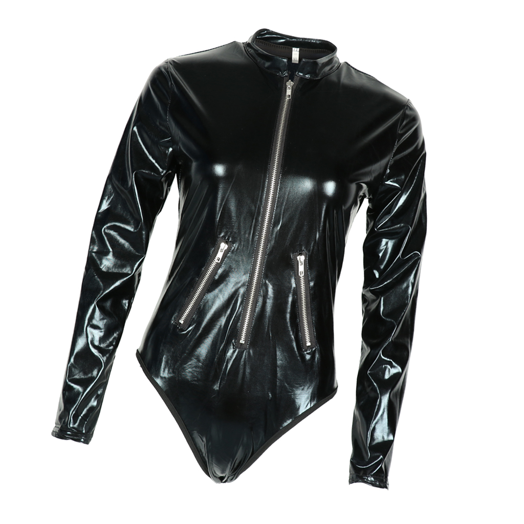 

Womens PU Leather Long Sleeve Bodysuit Outfits Jumpsuits Sweatsuit Set