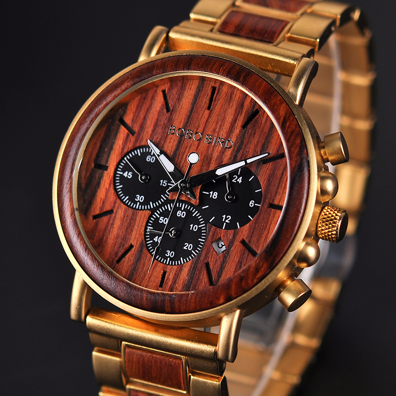

BOBO BIRD Gold Watch Men Luxury Brand Wooden Wristwatches Male Date Display Stop Watches reloj golden hour LY191213, Black-red sandal