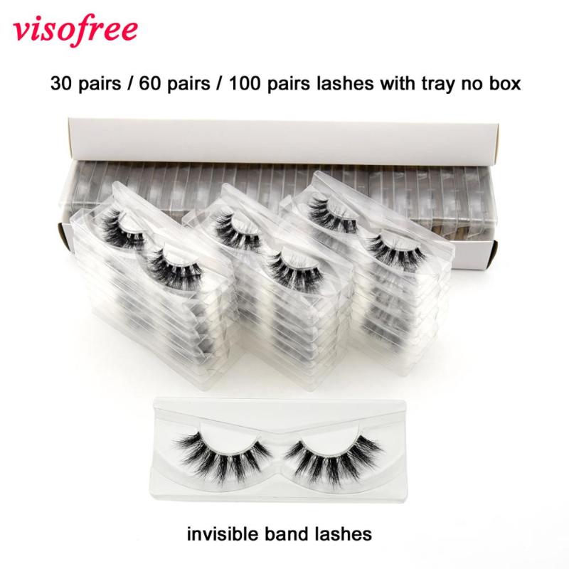 

30/60/100 Pairs Lashes With Tray No Box 3D Mink Eyelashes Invisible Band Lashes Natural Long Transparent Band 3D