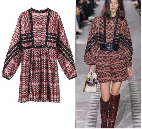 

2020 Autumn Vintage Stripe Bouffancy Printing Chiffon Dress Black Lace O Neck Empire Lantern Sleeve party Women Dresses vestidos, Same as picture