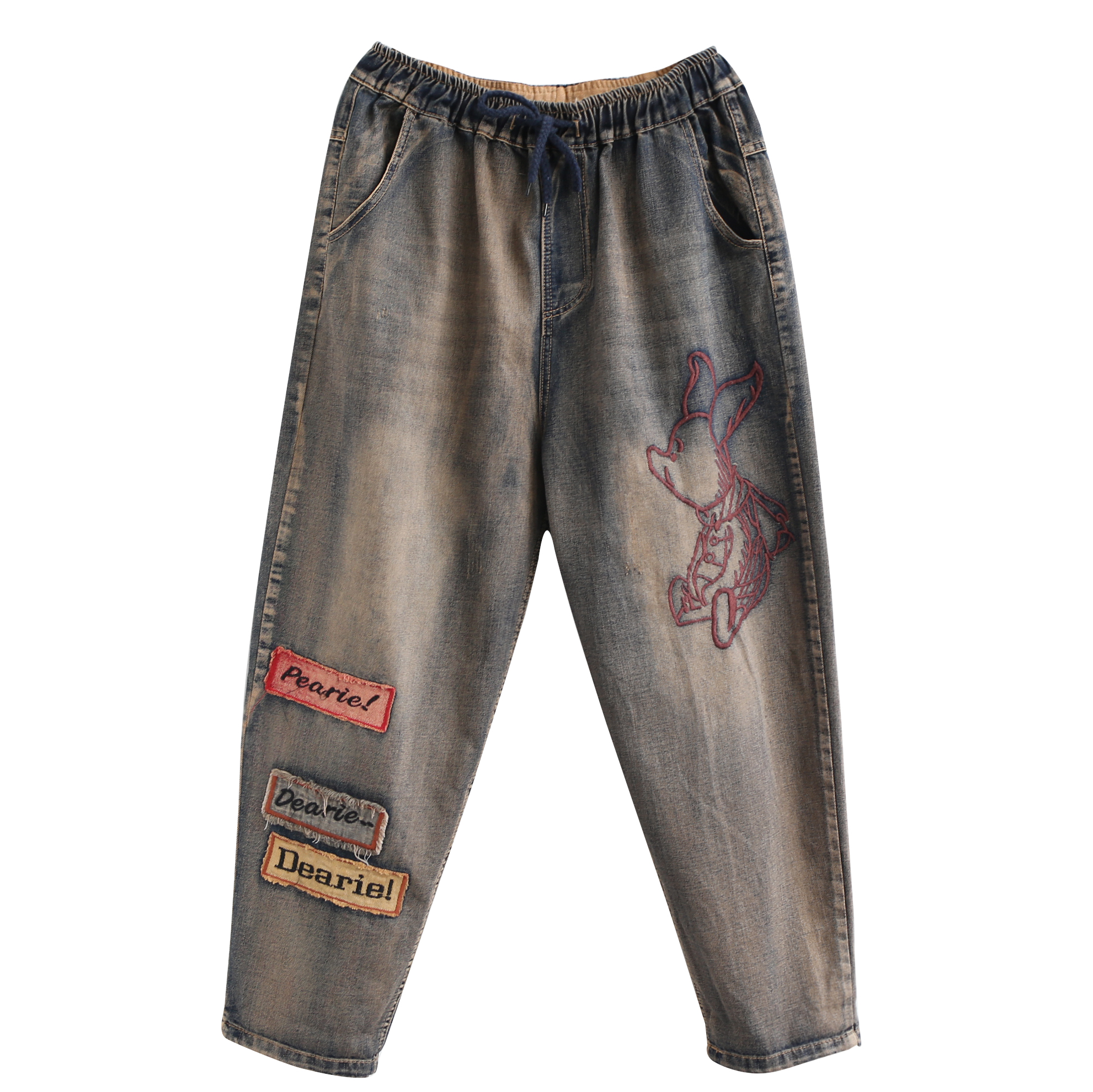 

Dark Grey With Embroidery Harlan Elastic Waist Big Yards Long Leisure Trousers