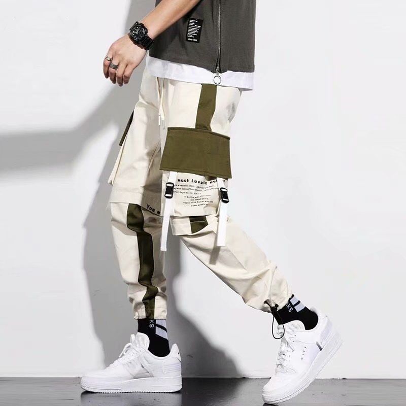 

Men Ribbons Streetwear Cargo Pants 2020 Korean Fashion Hip Hop Joggers Pants Overalls Black Fashions Baggy Pockets Trousers, A4