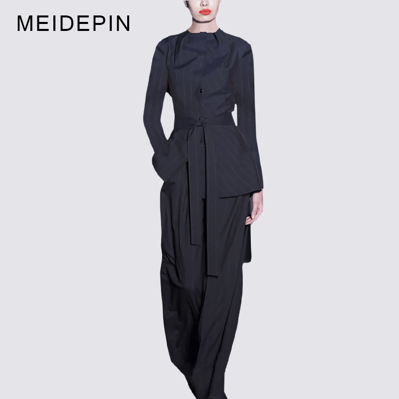 

Autumn Winter Luxurious Design Women Pant Suits Blazer with Slash Wide Leg Trousers Blue Striped Twin Set Formal Outfits, As pic