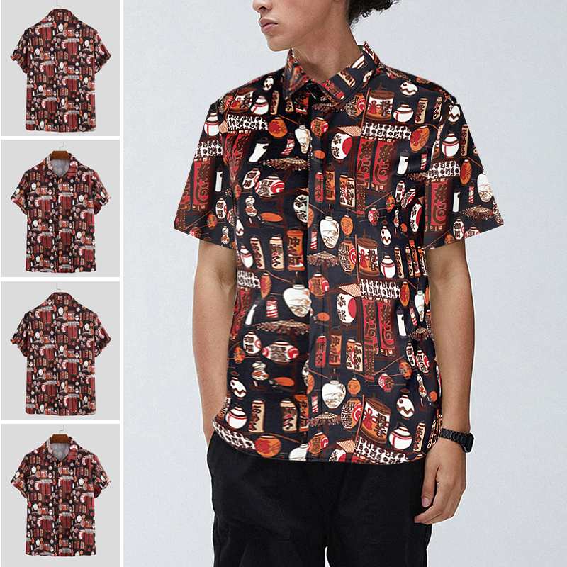 

2020 Summer Chinese Style Vintage Printing Shirt Man Loose Button Holiday Blouse Printed Shirts Casual Short Sleeve Lapel Shirt, Black