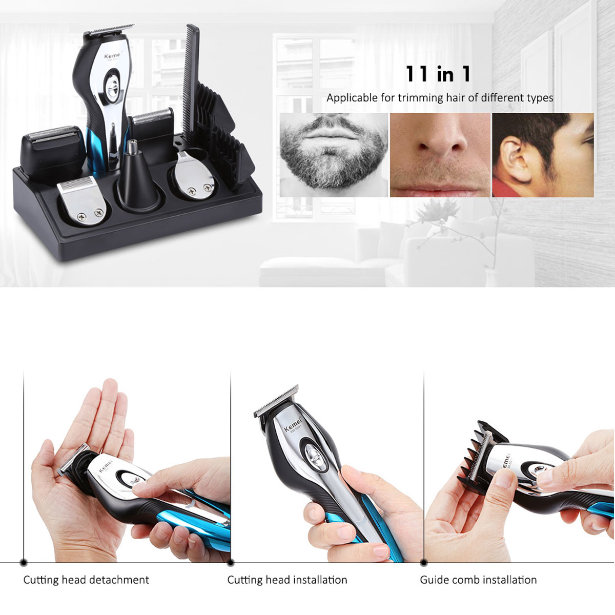 Kemei Rechargeable Electric Hair Trimmers 11 In 1 Hair Clipper