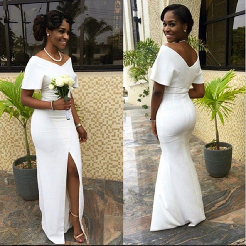 

White Mermaid Prom Dresses Off Shoulder Short Sleeve Front Split Slit for Black Girls Evening Gown Sexy Gala Dress Formal Wear, Silver