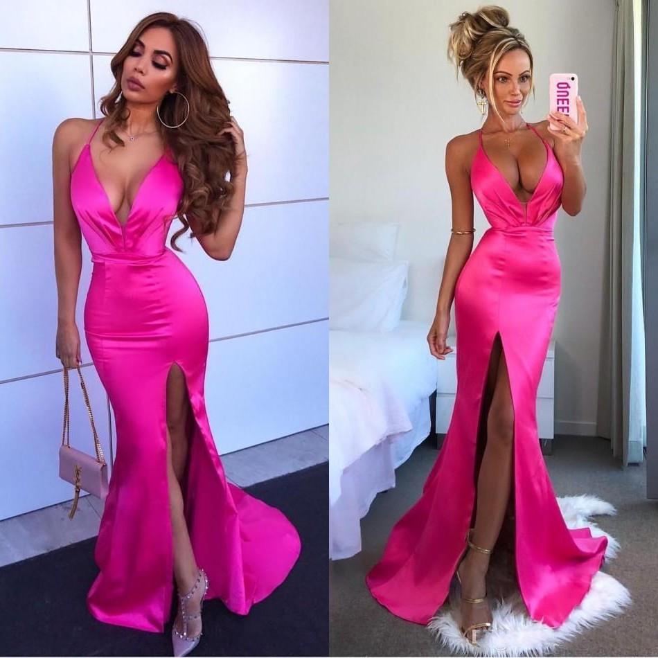 

2020 Fuchsia Sexy Deep V Neck Long Prom Dresses Straps Spaghetti Backless Mermaid High Split Evening Party Gowns, Coral