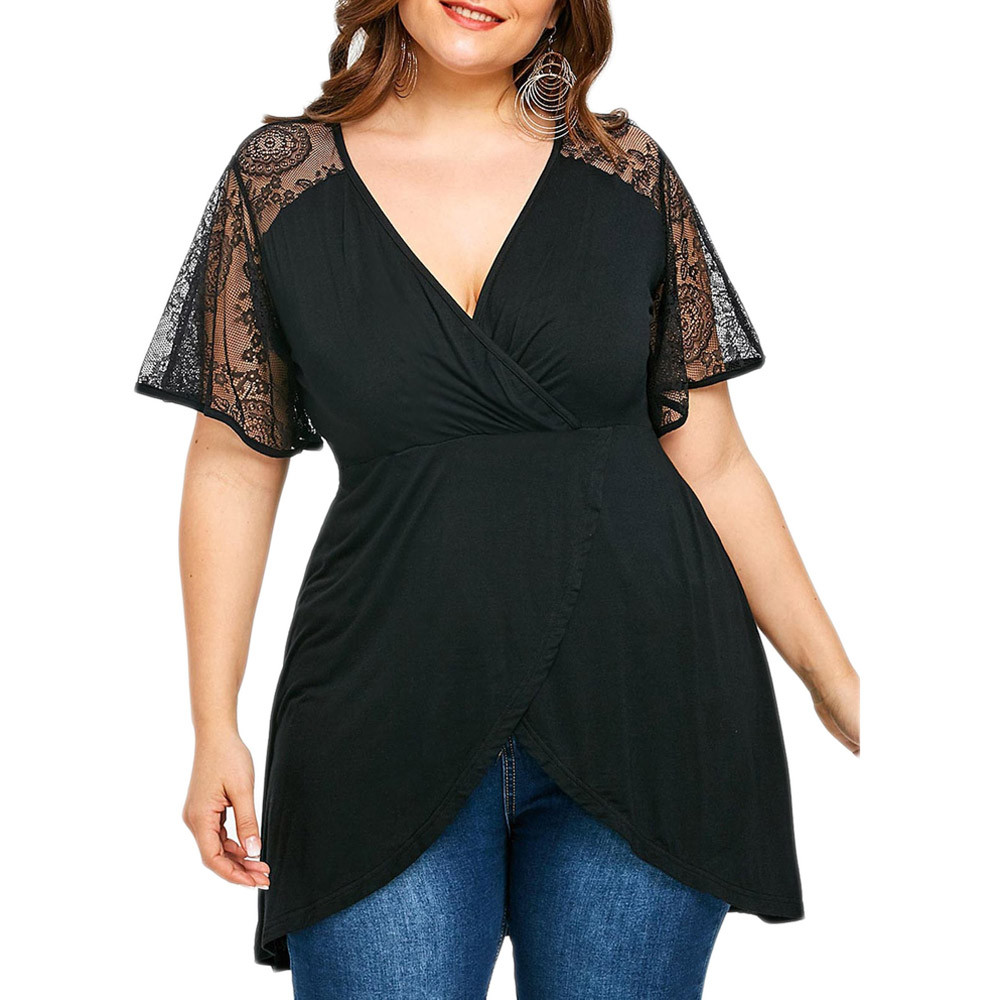 

Women Blouse Plus Size Sexy Lace V Neck Short Sleeve Floral Print Tops Solid Casual Fashion Women Summer Split Shirts For Ladies, Black